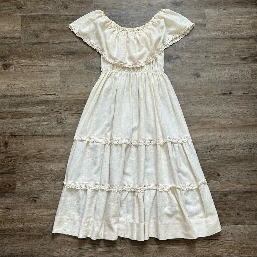 VINTAGE 70s Bohemian Campesina Mexican Wedding Peasant Dress - Picture 1 of 15